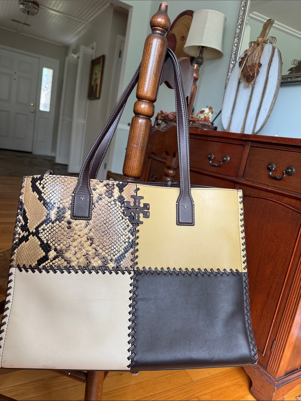 Tory Burch Patchwork Snake-Print & Leather Tote in Yellow, Cream, Brown, Black